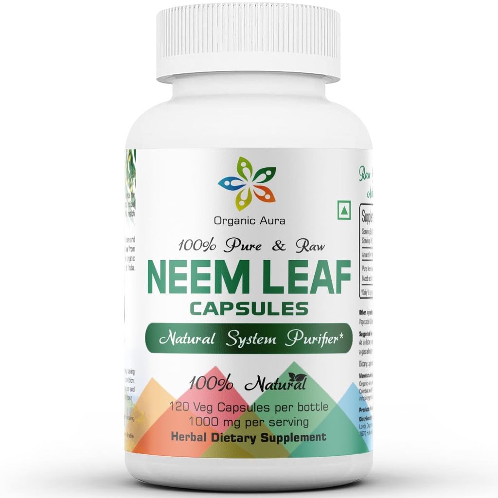 Kapsułki Organic Aura Neem. W 100% czysty i potężny. Surowy zielony cały Superfood. Wykonane z całego spektrum Neem Leaves. Cudowny agent detoksykujący.