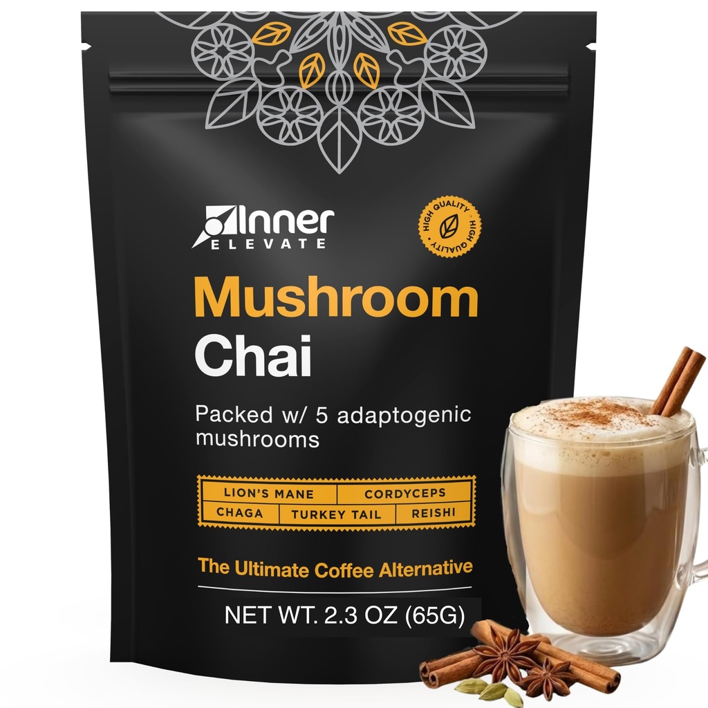 Wewnętrzne Podwyższenie Superfood Mushroom Chai - Ultimate Coffee Alternative - Adaptogenetic Mushroom Tea Drink with Lion 's Mane, Cordyceps, Chaga, Reishi, Turcja Ogon (35 Służenie)