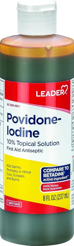 Leader Powidon Jod 10% Prep Solution USP, pierwsza pomoc Antyseptyczne Oczyszczanie Rana, Mycie Rana, Antyseptyczne Mydło (8 Fl Oz, Opakowanie 1)
