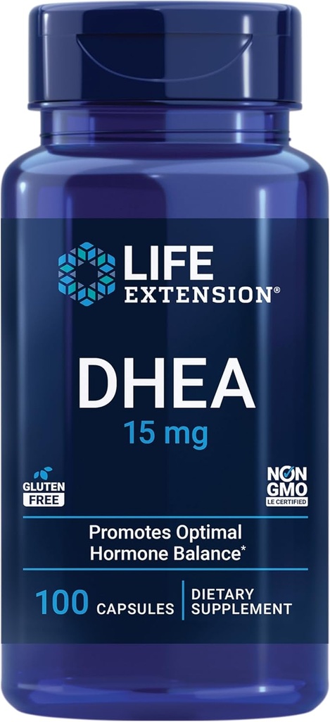 Life Extension DHEA 15 mg - Hormon Balance Supplement, Pamięć, Masa mięśniowa i wsparcie gęstości kości, Zdrowy Sex Drive, Gluten- Free, Non-GMO, 100 Kapsułki