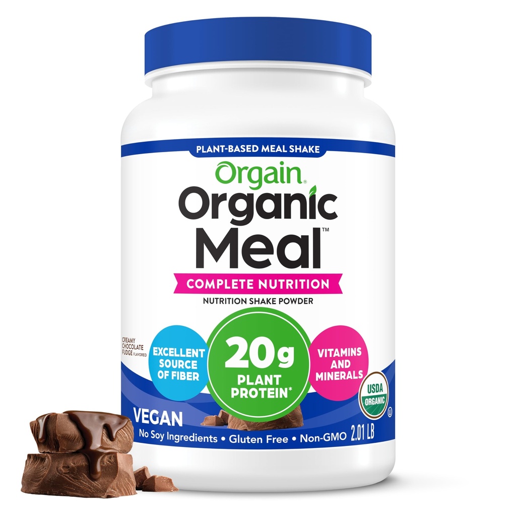 Orgain Organic Vegan Protein Meal Replacement Powder, kremowy czekoladowy Fudge - 20 g Białko roślinne oparte, Gluten wolny, mleczny wolny, Laktoza wolna, Soy wolne, Nie dodano cukru, Dla Smoothies & Shakes - 2.03lb