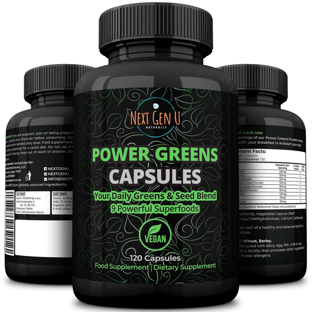 Super Zieloni - Wsparcie systemu immunologicznego - 500 mg 120 Kapsułek wegetariańskich - Superfoods for Daily Booster - Zdrowy Keto Mieszanka z Acai, Wheatgrass, Guarana, Chlorella, Nasiona roślin lnianych, Macha - NextGenU