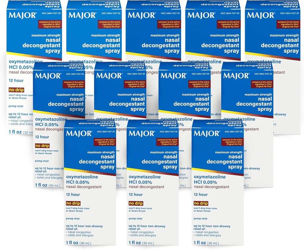 MAJOR Maksymalna siła Nasal Decongestant Spray, Oxymetazoline HCl 0,05% Pompa Mist, Non- Drowsy Nasal Spray, do 12- Godzinowa ulga od zatok nosowych, Przeziębienia, i alergie 1 Fl. Oz. (12- Pack)