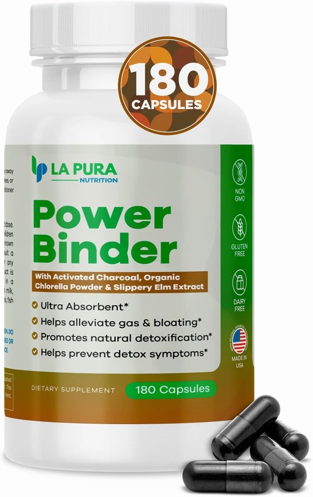 LaPura Power Binder Blend - Detox & Cleanse z aktywowanym węglem, Organiczny Chlorella w proszku & Slippery Elm Extract - Pomaga łagodzić gaz i wzdęcia - Promotes Natural Detoksycation - 180 Kapsułki