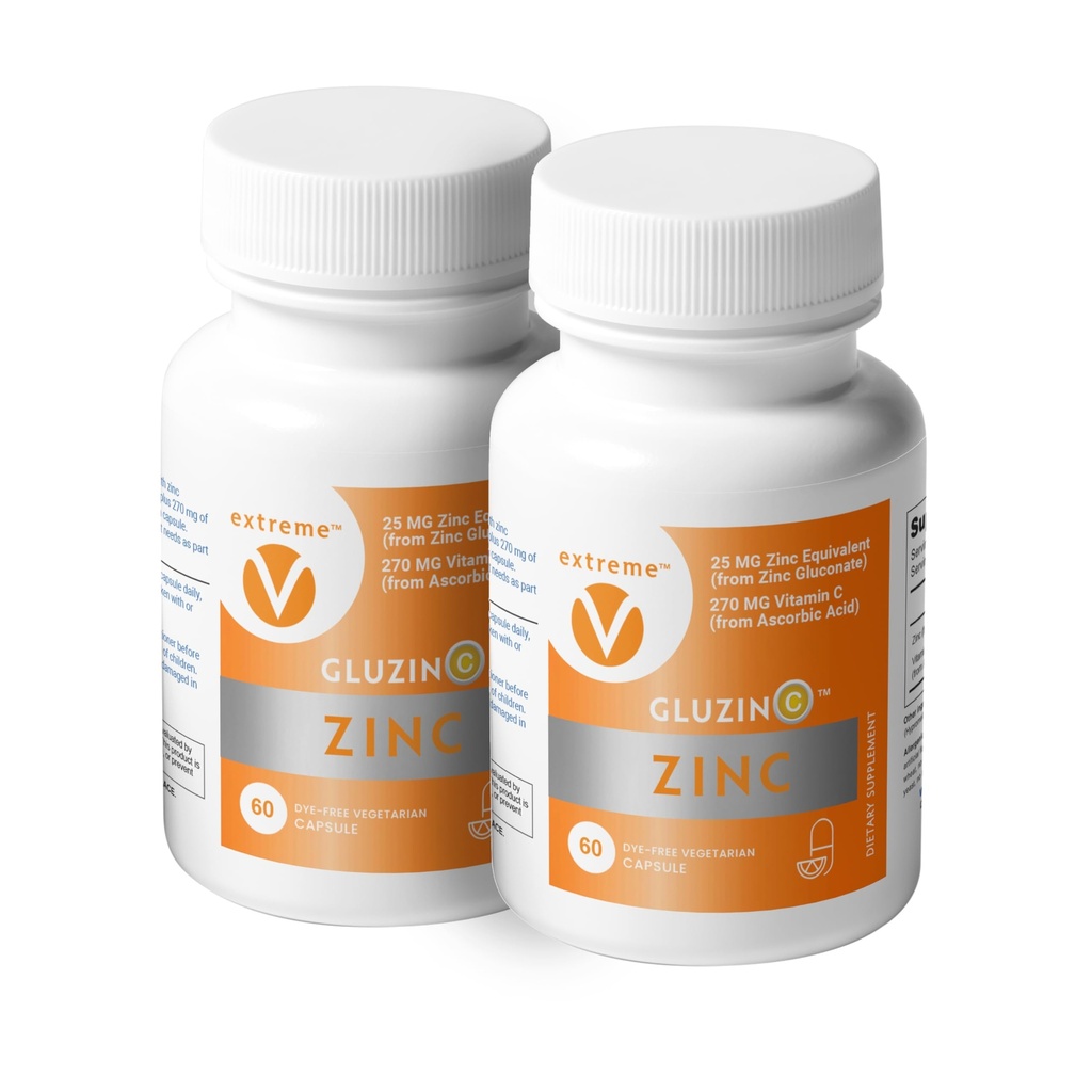Cynk MG25 + VC Podwójne opakowanie: 124; Glukonian cynku dziennie + witamina C; 25mg + 270mg: 124; Czysta formuła, Vegan- Friendly, (2 Butelki, 120 Kapsułki wegetariańskie)