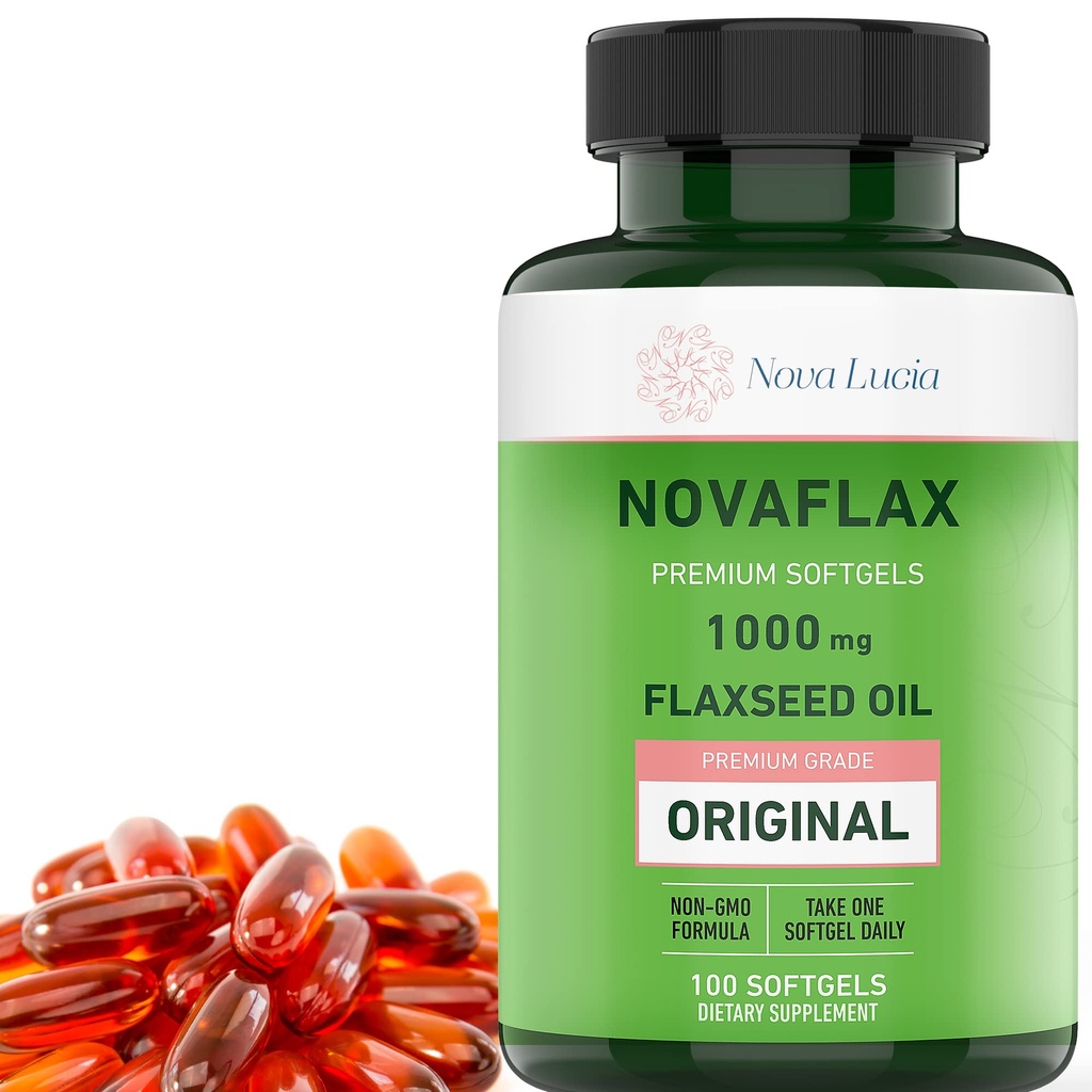 Nova Lucia Organic Flaxseed Oil kapsułki 1000mg - Omega 3 6 9 Softgels for Hair, Skin & Nails - Non-GMO, Gluten- Free, Hexane- Free, Easy to Swallow - 100 Softgels płynnych