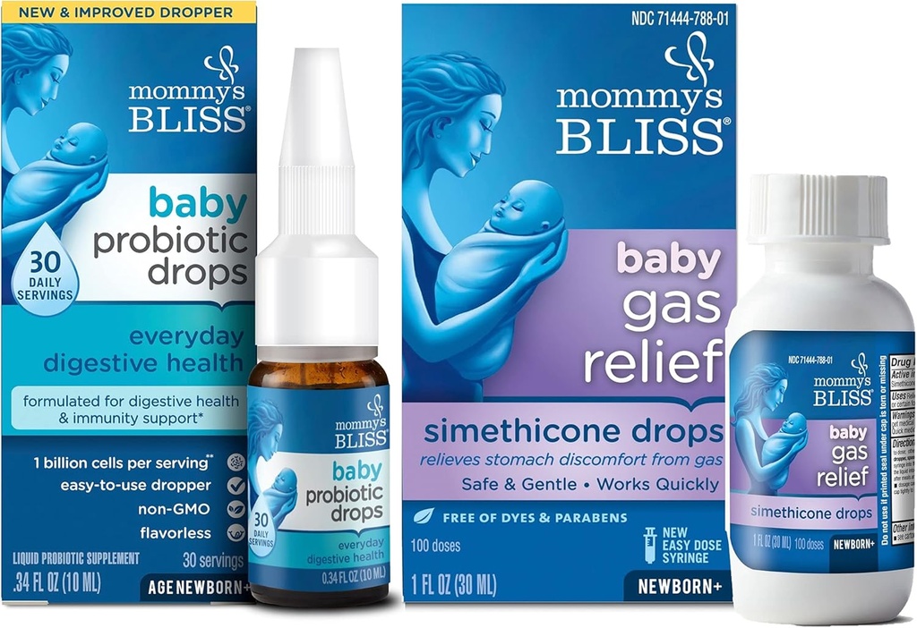 Mamuśka Bless Baby Probiotic Drops Codziennie dla zdrowia trawiennego i odporności, 30 Sługi (Pack of 1) z Fast- Acting Baby Gas Relief Drops 100 Sług (Pack of 1)