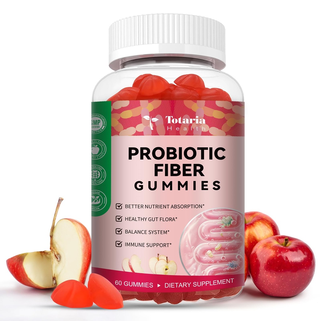 Totaria 9- in-1 Probiotic Fiber Gummies dla dorosłych i nastolatków 16G Fiber per Serving, Pzyllium Fiber Suplement z 5 Miliard CFU Bacillus Coagulans, Inulina, ACV for Digestive & Gut Wellness - 60 Gummies