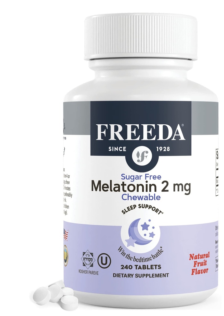 FREEDA Melatonina 2 mg Bezcukrowe Chewables - Natural Sleep Aid dla dorosłych i dzieci - Wegan, Kosher, Gluten- Free, Non-GMO, Easy Bedtime Support - 240 Tabletki