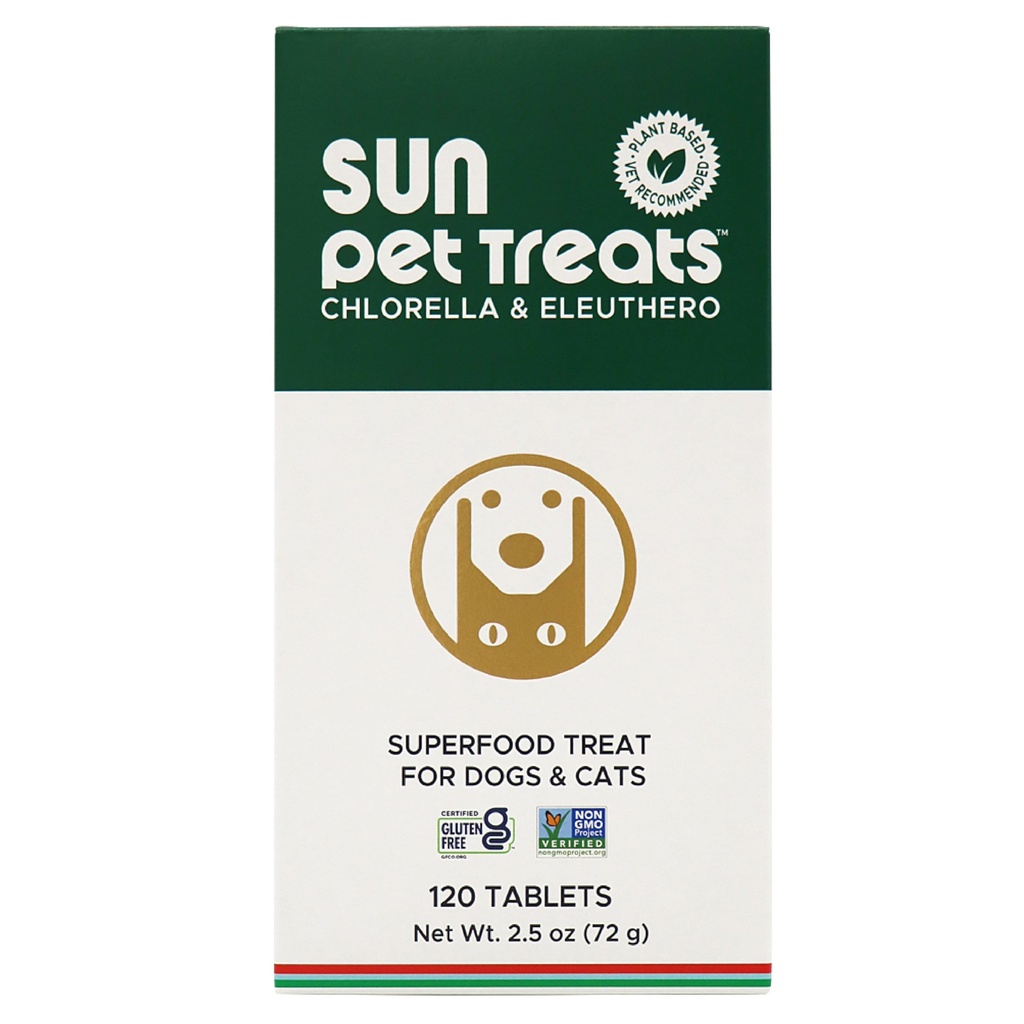 Niedz Chlorella Sun Pet traktuje Green Superfood Cat & Dog Supplement - Chlorophyll Eleuthero & Lecytyna, Minerały, Przeciwutleniacze i Witaminy dla psów i kotów - Immune Defense, Skóra & Gut Health - 120 Bites