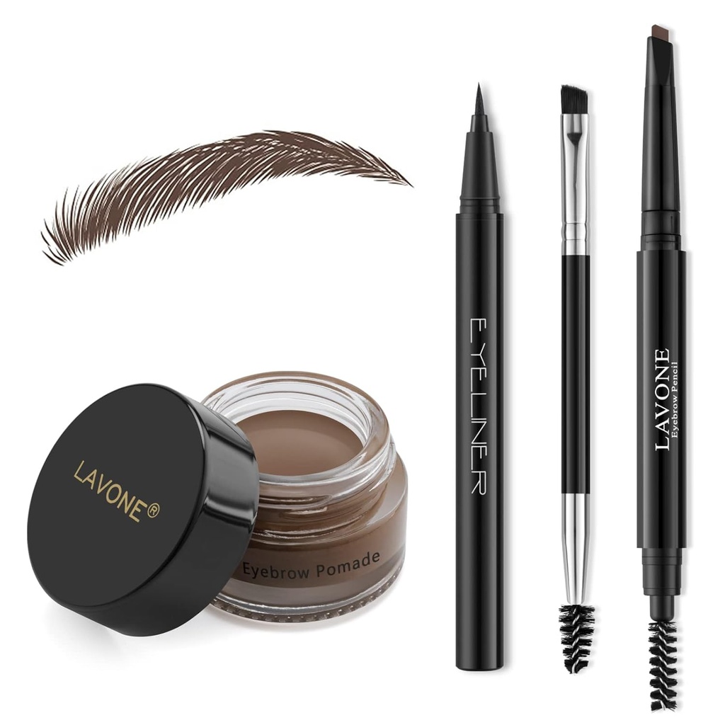 Zestaw do makijażu LAVONE z ołówkiem ze znaczkiem Eyebrow, wodoodpornym browem i pomaderem, powieką, pędzlem z podwójnym brwi, ciemnym brązowym