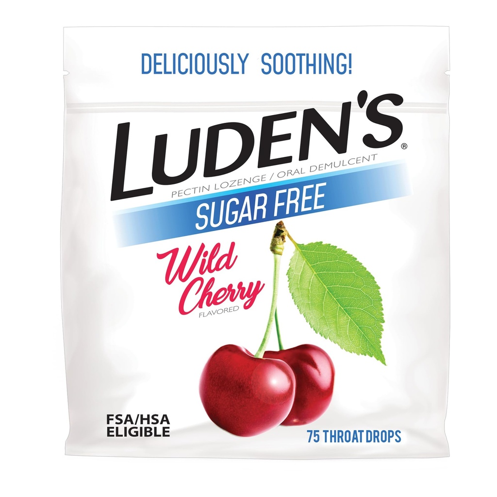 Luden 's Sore Throat Relief Lozenges dla Drobne codzienne podrażnienie i suche usta, Sugar Free Wild Cherry Flavored Drops, 75 Count