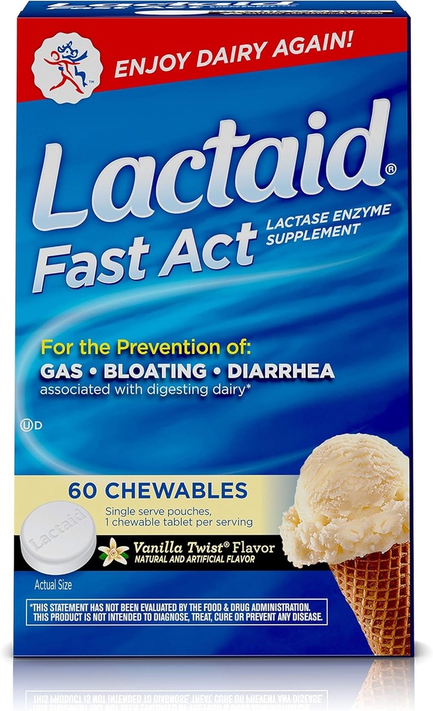Lactaid Fast Act Laktoza Nietolerancja Chewables with Lactase Enzymes, Vanilla Twist, 60 szt.