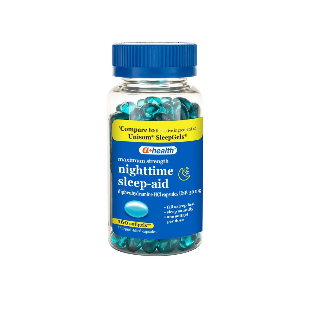 A + Health Nighttime Sleep Aid Difenhydramine 50mg Softgels, Maksymalna moc, 160 Hrabia