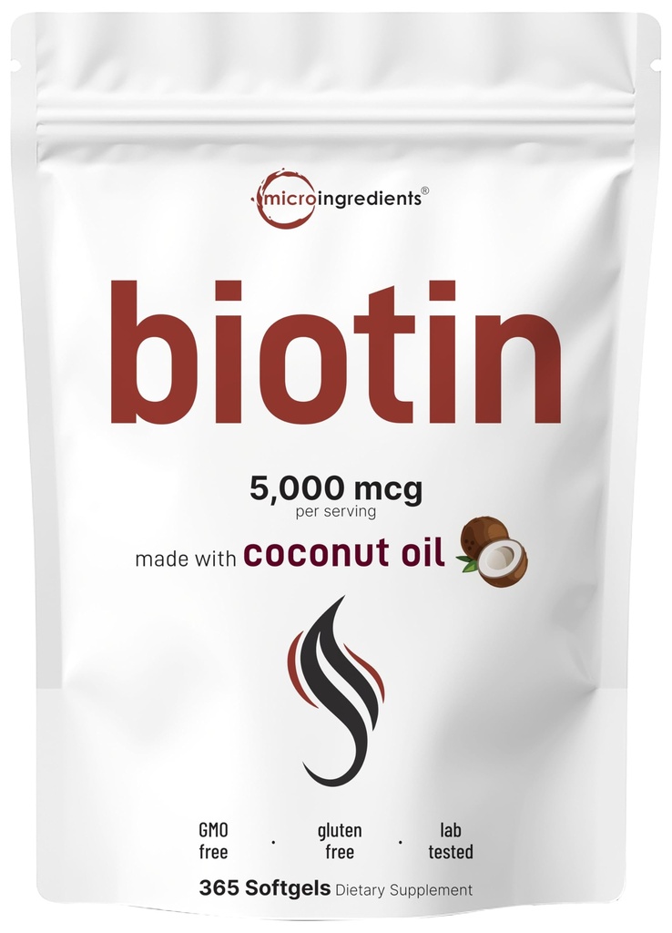 Micro Ingredients Biotin 5,000mcg Biotin 124; 365 Virgin Coconut Oil Softgels, fast release, One Year Supply Building 124; Wspomaga zdrowe włosy, skóra, & paznokcie 124; Non-GMO, No gluten