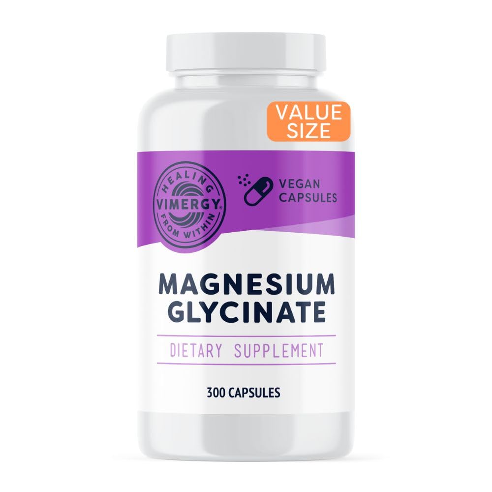 Vimergy Magnezu Glycinate - Wsparcie stresowe - Chelated to Avoid Tummy Upset * - Promotes Heart Health & Energy * - Kosher, Vegan gluten- Free - 300 Czapki