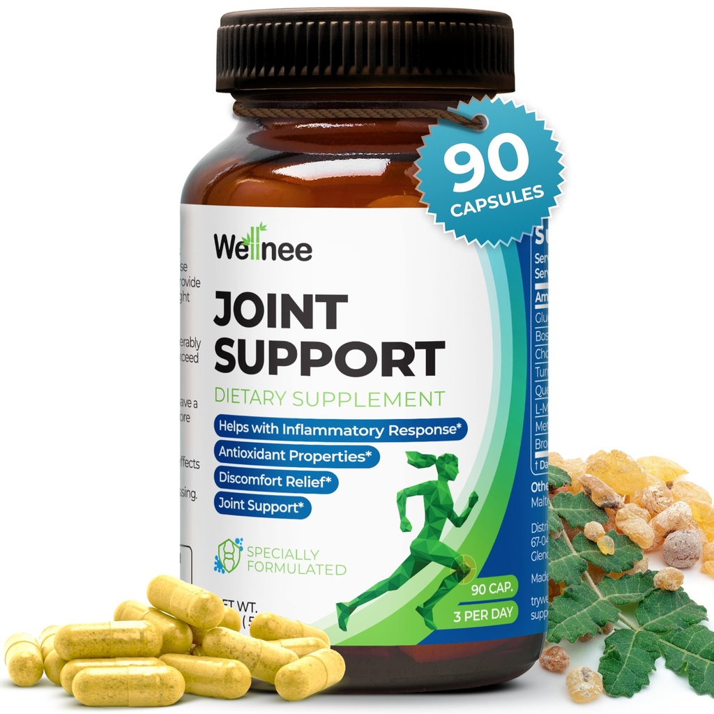 Suplement do wspólnego wsparcia Wellnee - Glukozamina Chondroitin MSM, Boswellia & Turmeric - Relieves Joint Discomfort & Supports Elastyczność - Wspólne wsparcie dla stawu kolanowego - 90 Kapsułek, 30 Sług