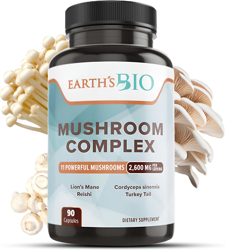 Ziemskie Bio Mushroom Supplement Complex 2,600 mg na serwowanie, 90 Czapki, z organicznym grzybem Lwa Mane, Ogon indyka, Enoki Agaricus, White Button & Oyster Mushroom - Pamięć i wsparcie immunologiczne
