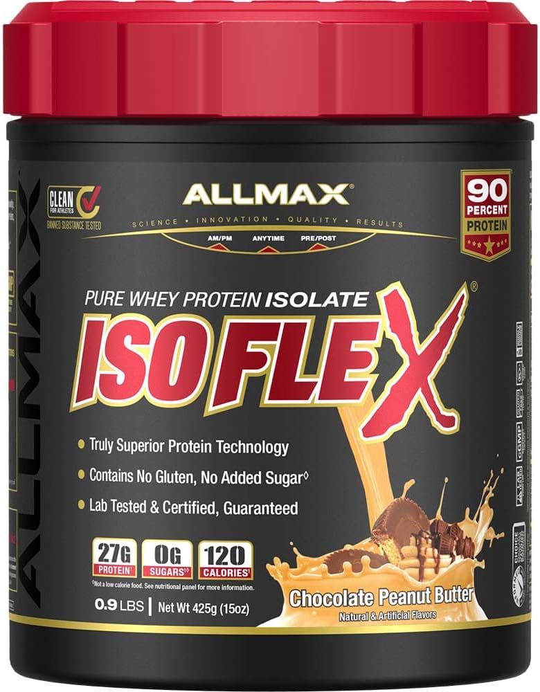 ALLMAX Nutrition ISOFLEX Whey Protein Isolate, Chocolate Peanut Butter - 0.9 lb - 27 Grams of Protein Per Scoop - Zero Fat & Sugar - 99% Lactose Free - Gluten Free & Soy Free - Approx. 15 Servings
