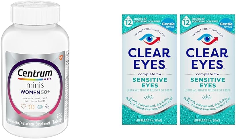 Centrum Minis Silver Women 's Multivitamin dla kobiet 50 Plus, Multimineralny Suplement z Witaminą D3, Witaminy B, Składniki nieGMO, Wspomaga Pamięć i Cognition w Starszych Dorosłych - 280 Ct & Clear Eyes, Wrażliwe Oczy, Krople do oczu, 0,5 Oz, 2 Pack