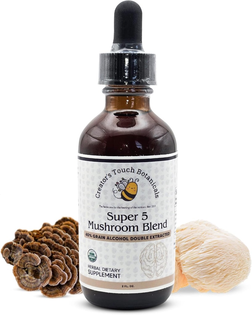 Creator 's Touch Botanicals, Super 5, Mushroom, Blend 2 fl oz z Reishi, Turcja Ogon, Lwy Mane, Chaga i Maitake Mushrooms dla immunologicznego wsparcia. Podwójne przeziębienie, Macered.
