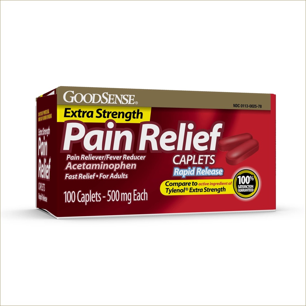 GoodSense Rapid Release Pain Relief, Acetaminofen Caplets 500 mg, Extra Siła Reliever Pain i Fever Reliever, 100 Count