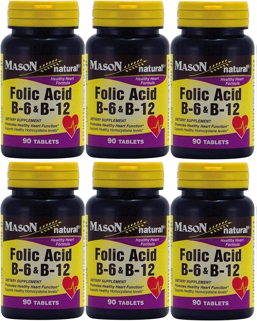 Mason Witaminy Kwas foliowy B- 6 & B12 Heart Health Formuła 90 Tabletki na butelkę Opakowanie 6 Razem 540 Tabletki