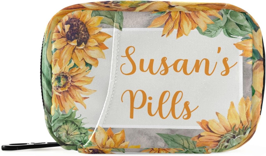 Własny Pill Box 7 dzień Pill Case Bag Sunflower spersonalizowany Nazwa Travel Pill Organizer Bag z Zipper przenośny tygodniowy Case Compact Rozmiar dla posiadacza suplementu witaminy