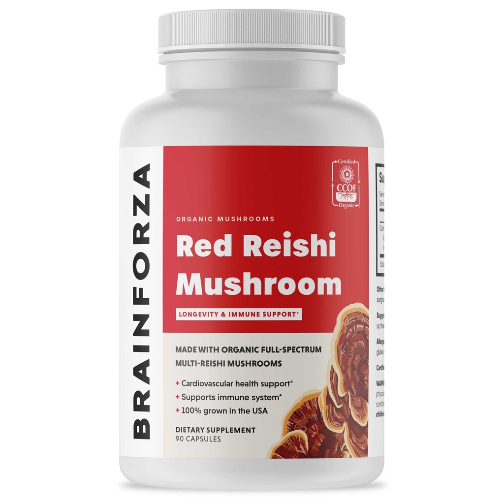 Mózg Forza Organic Red Reishi Kapsułki grzybów, Adaptogenic Mushroom z napędem immunologicznym Wsparcie, Serce i zdrowie układu sercowo-naczyniowego, Ogólne Wellness i witalność, Non-GMO, Wegan, Organic, 90 Kapsułki