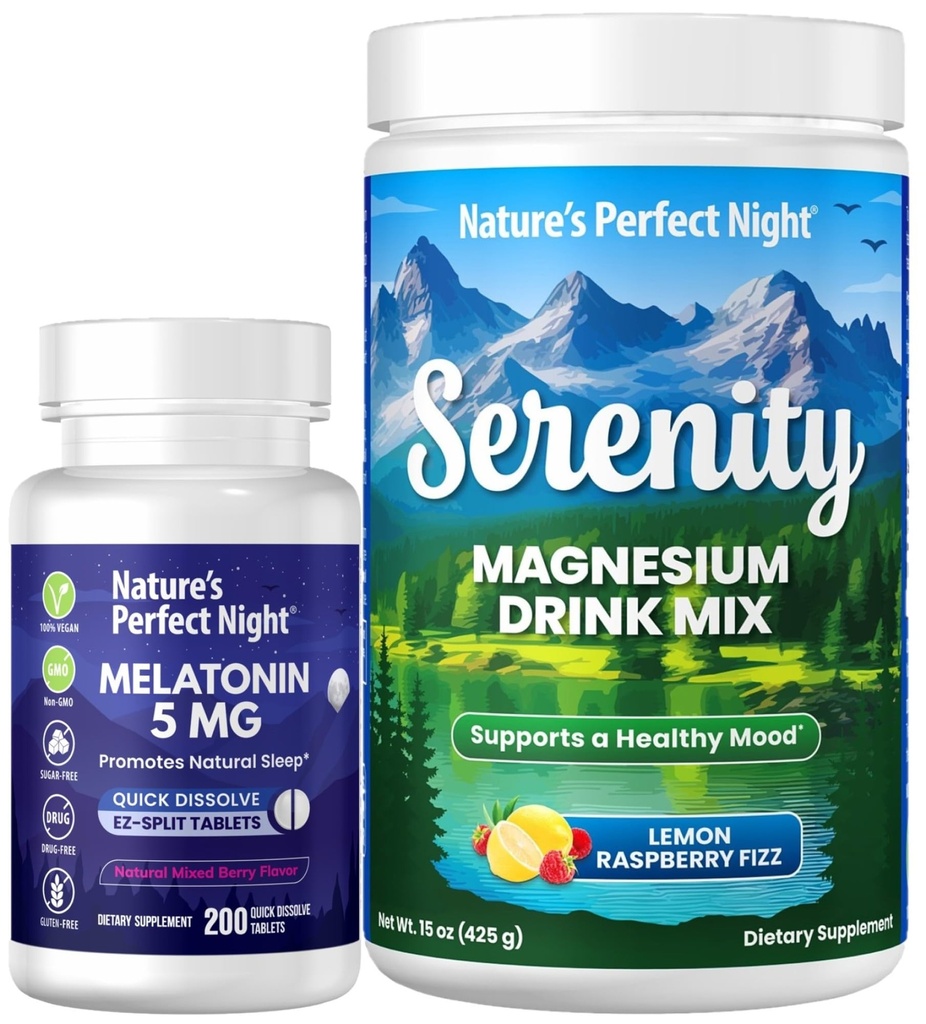 Nature 's Perfect Night Melatonin 5 mg Szybkie rozpuszczanie mieszanych Berry 200 Licz z Serenity Magnezu Proszek 15 oz Lemon Malina