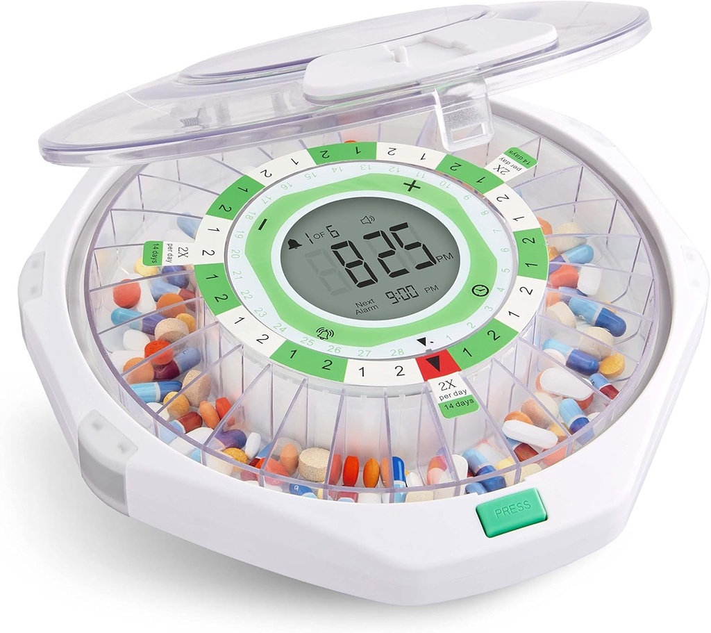 Live Fine 28- Day Automatyczny dozownik Pill Frosted Lid z uaktualnionym wyświetlaczem LCD i Key Lock, Dźwięk i Światło dla wymagań, Medykacja, Witaminy, Suplementy i więcej