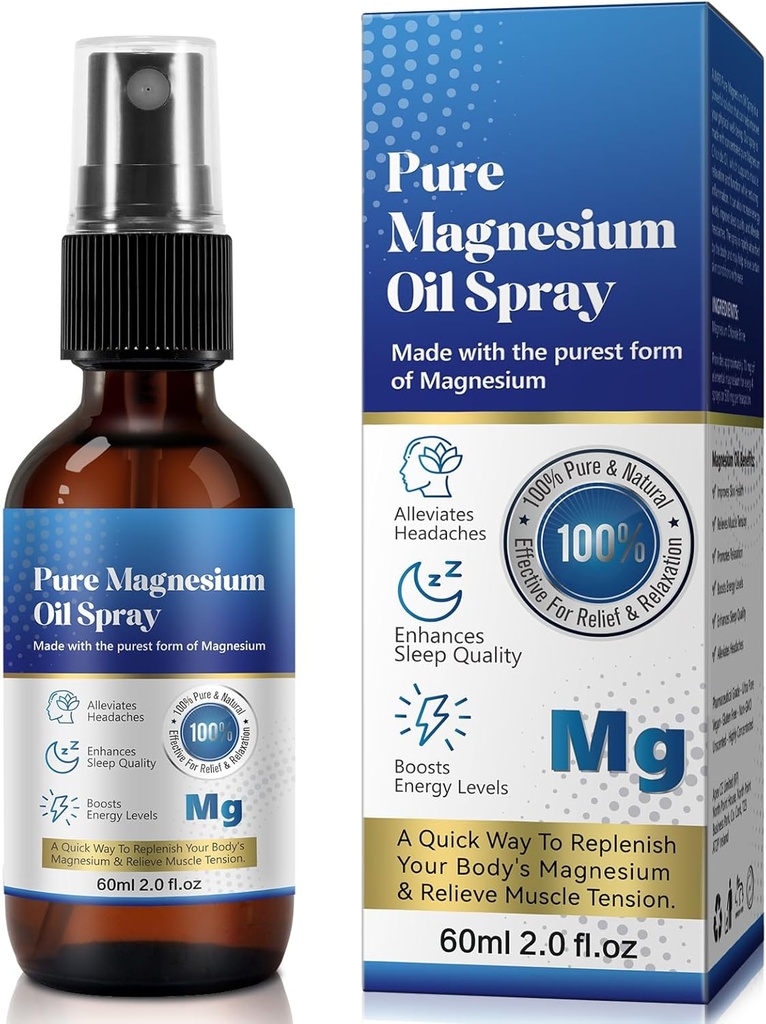 Pure Topical Magnezu Oil Spray, Magnez Spray for Feet, 100%, Szybka absorpcja - Naturalne źródło z silnym mieszanką olejków eterycznych, uzupełnienie ciała - 2.02 fl oz