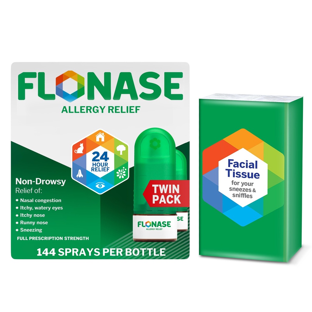 Flonaza Ulga alergiczna Nasal Spray, 24- Godzina Non- Drowsy Multi- Relief Symptom - 144 Sprays (Pack of 2) plus Bonus Pack of Titsues