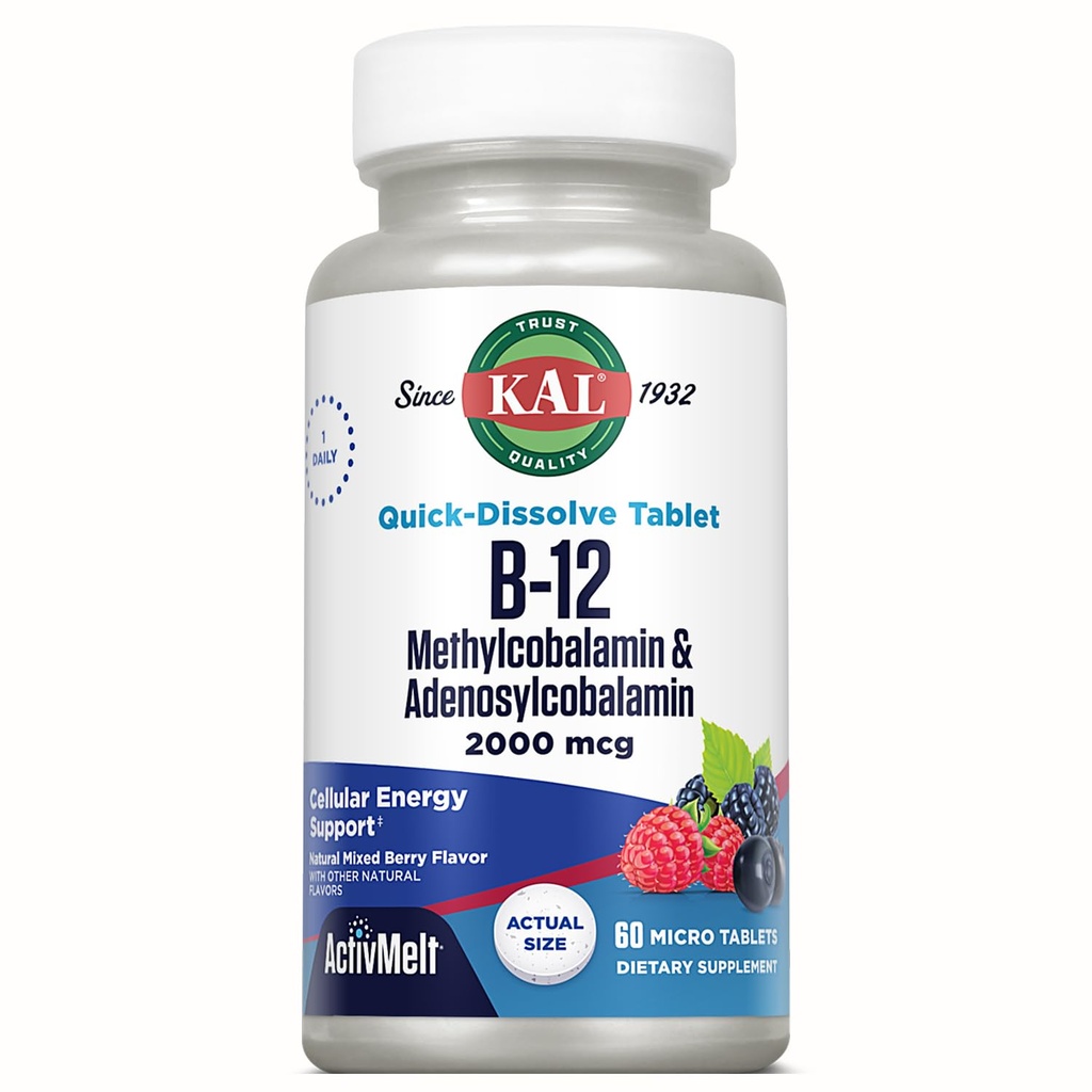 KAL Witamina B12 Metylkobalamina i Adenozylkobalamina 2000 mcg ActivMelt, B12 Suplementy energetyczne, Metabolizm, Nerwy, Wsparcie Czerwonej Krwinki, Wysoka Wchłanianie, Natural Berry, 60 Serv, 60 Micro Tablets