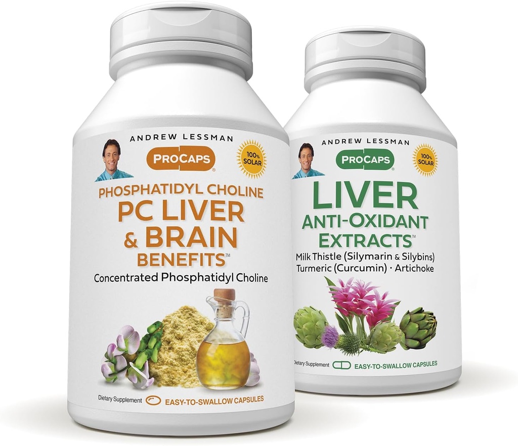 ANDREW LESSMAN PC Liver and Brain Benefits + Liver Anti- Oxidant Extracts Kit: 300 Kapsułki (180 + 120) - Cholina fosfatydylowa, Ostrze Mleczne, Karczoch, Kurkumina.