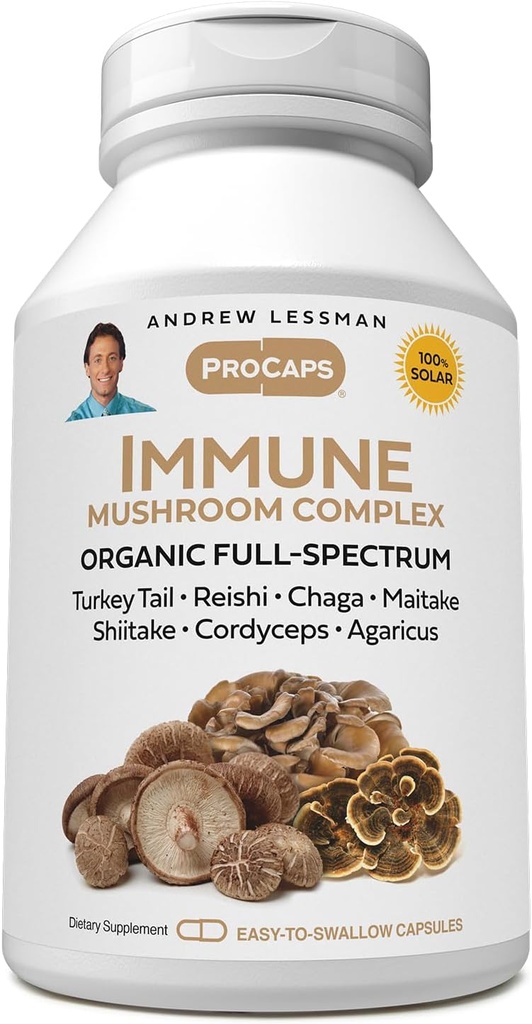 ANDREW LESSMAN Immune Mushroom Complex 360 Kapsułki - Organic Full Spectrum mieszanki siedmiu grzybów - Pomaga zdrowe funkcje immunologiczne - Brak dodatków. Kompleks grzybów suplement
