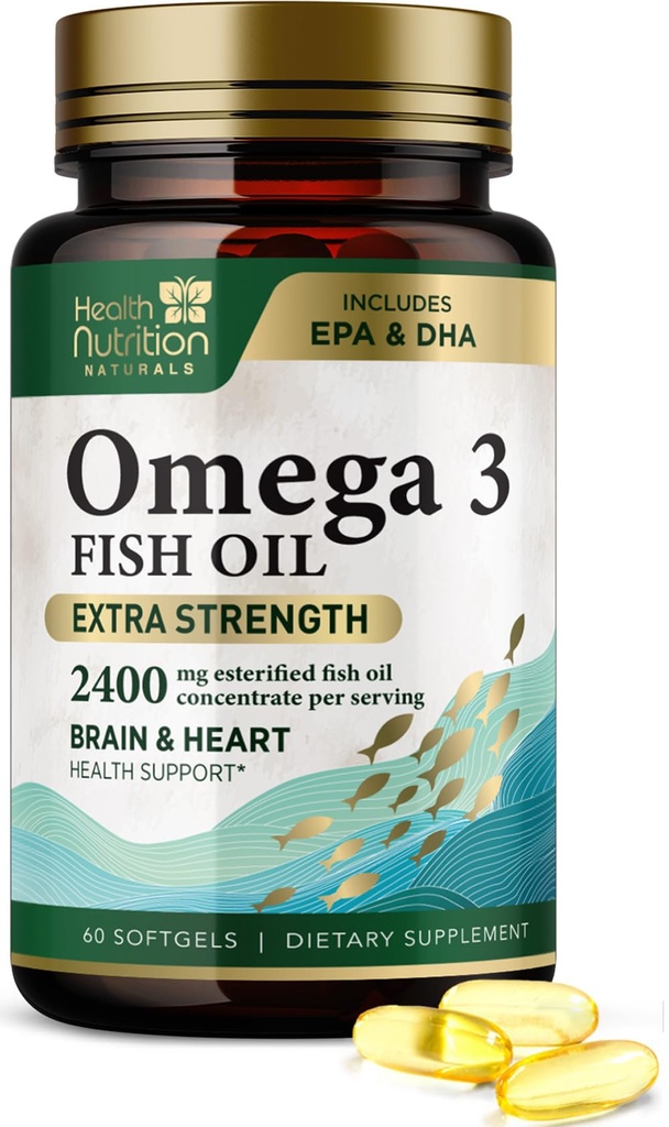 Omega 3 Fish Oil 2400 mg - Triple Force Omega-3 Supplements - Natural Brain Heart Health & Immune Support - Fatty Acids with EPA & DHA - Wild Caught Purified Fish Oil Supplement - 60 Softgels