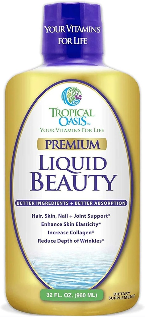 Tropical Oasis - Liquid Beauty | Supplement for Hair, Skin, & Nail Growth - Biotin + Hydrolyzed Collagen (32 Servings)