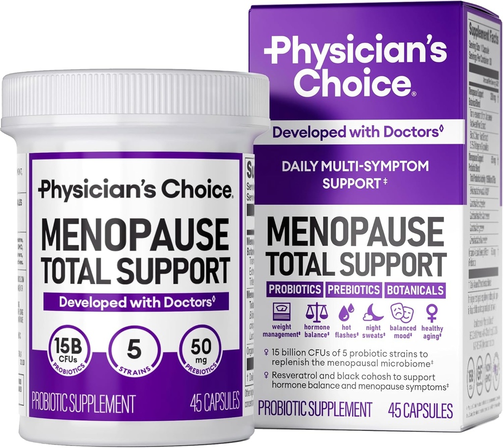 Menopauza lekarska suplement probiotyczny dla kobiet - Wspiera równowagę hormonalną, gorące błyski, nocne poty, zarządzanie wagą, wzdęcia i guta - z czarnym Cohosh, Resveratrol + - 45ct
