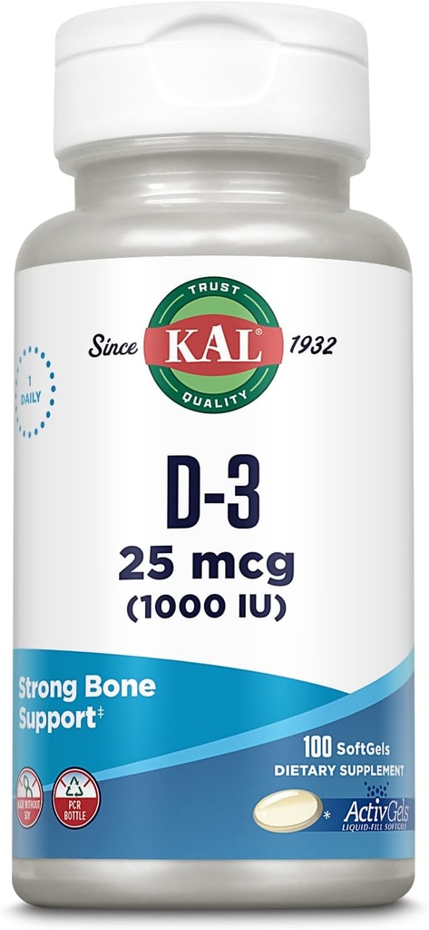 KAL Witamina D3 1000 IU Softgels (25 μg), Aktywna forma witaminy D, Wchłanianie wapnia, zdrowie kości, Suplement immunologiczny, Napełniony płynem ActivGel, Made Without Soy, 100 Służenia, 100 Softgels