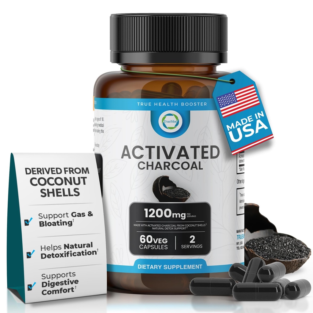 Aktywowane Kapsułki Węgla 1200 MG, 60 Czapki Veg, 30- Days Premium Detox & Digestive Support, Gaz & Bloating Relief, Organic Coconut Shell Charcoal, Gut Health, USA Made.
