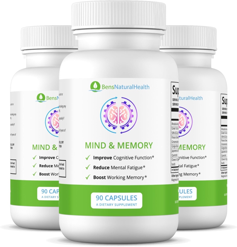 Ben 's Natural Health Mind & Memory Supplement, Nootropowe wsparcie mózgu z Rhodiola, Zielona herbata, Goździki i Quercetin, 90 Kapsułki, 3 Pack