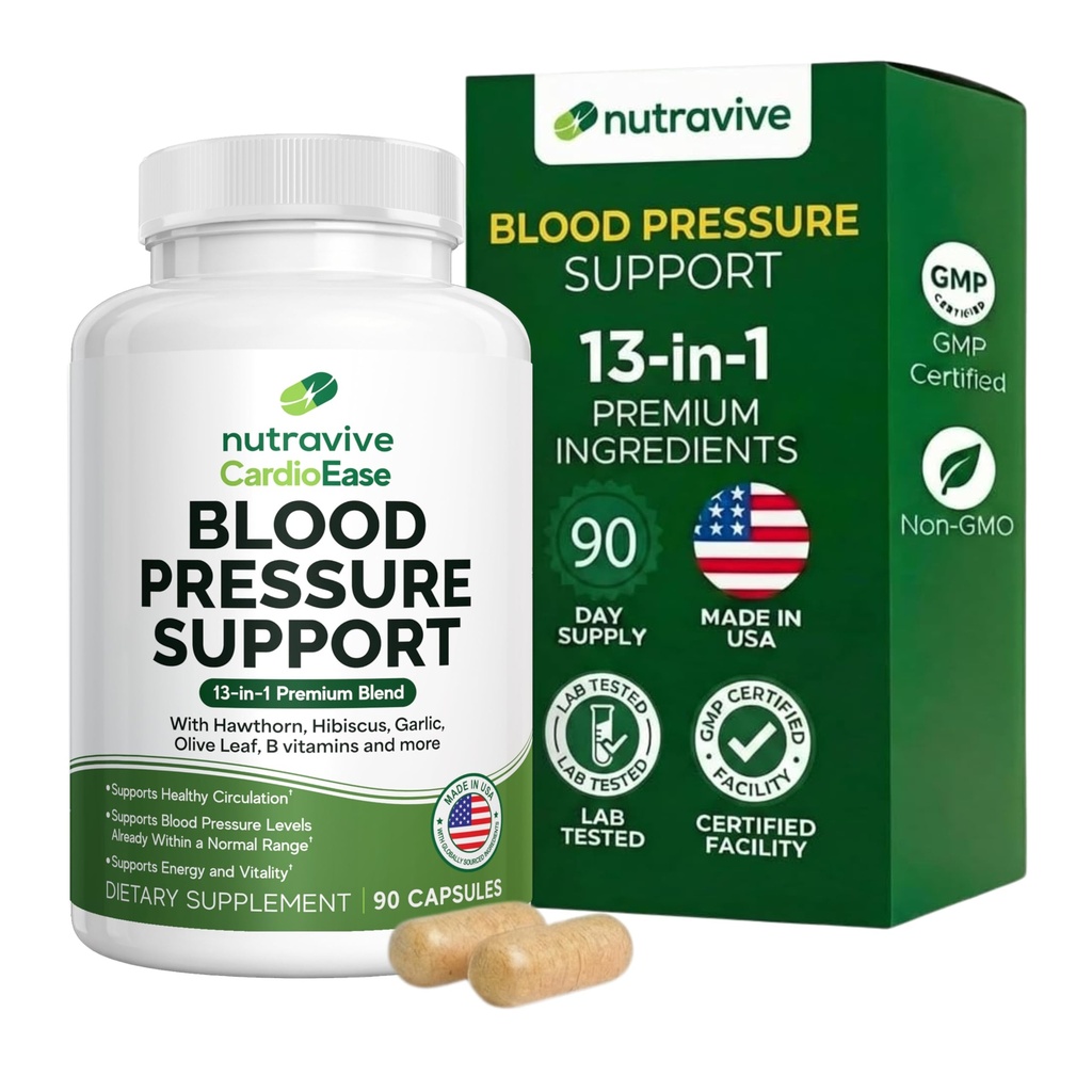 Nutravive Blood Pressure Supplement - Natural Heart & Circulation Support with Hawthorn, Garlic, Olive Leaf, Hibiscus & B12 - USA Made, GMP Facility - 90 Kapsułek