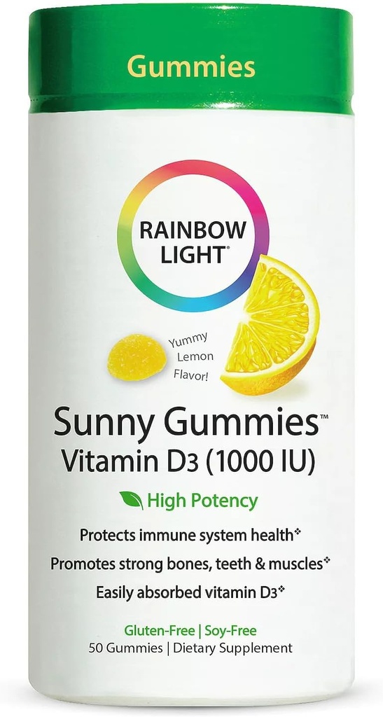 Rainbow Light - Sunny Gummies Witamina D3 1000 IU, Wsparcie dla zdrowych kości, Mięśnie i Immunitet w Family- Przyjazny do żucia z witaminą D3, Soy- Free, Gluten- Free, Sour Lemon, 50 Gummy Drops