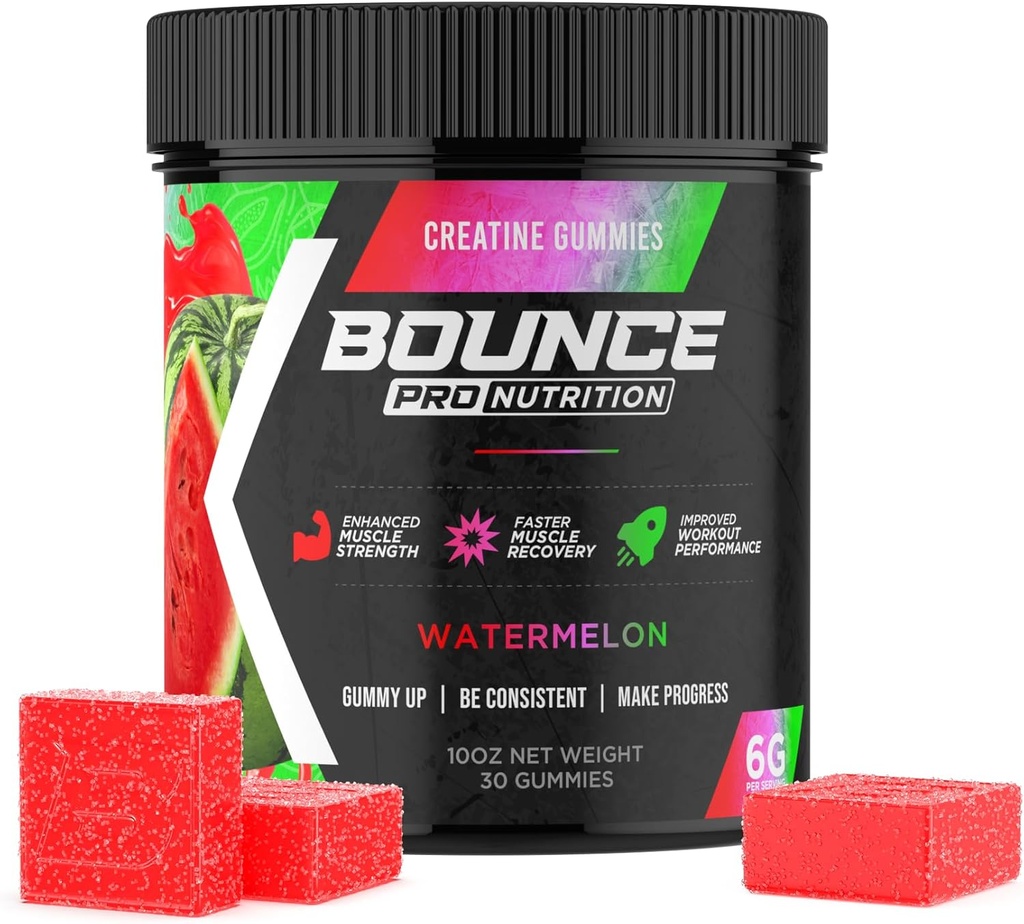 Bounce Pro Gummies Monohydrat kreatury dla mężczyzn i kobiet, Niskie kalorie, 6G Kreatyny na Serving, Wegan, Przeciwstopowe, Bezglutenowe, Non-GMO, 2g Kreatyny na Gummy (30ct, Arbuz)
