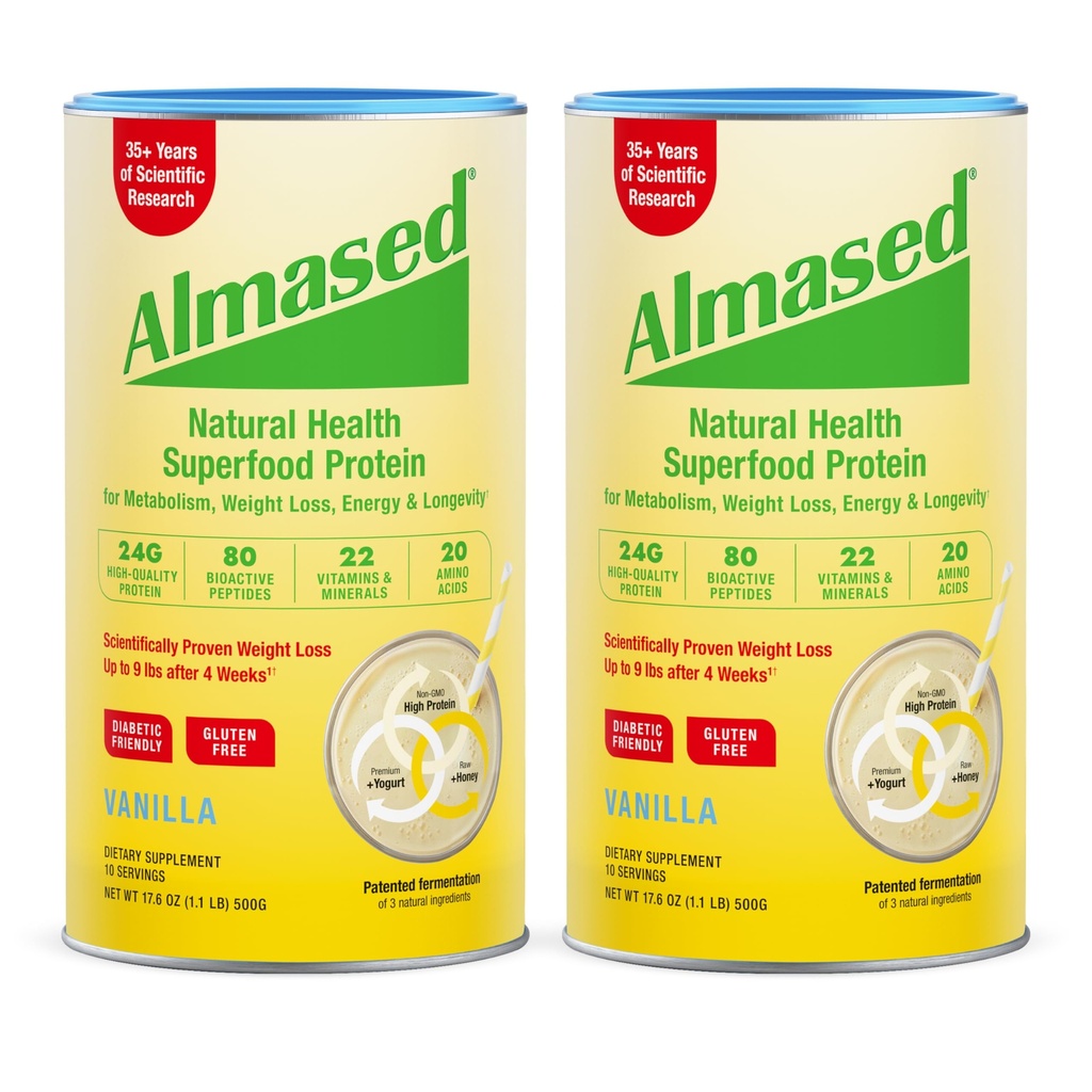 Almased Vanilla Meal Explacement Shake - Niskie - Glicemiczne Wysokie Rośliny Protein Powder - Nutritional Weight Health Supplement - Vanilla Flavor - 17.6 oz (1.1 Funt (2 Pack))