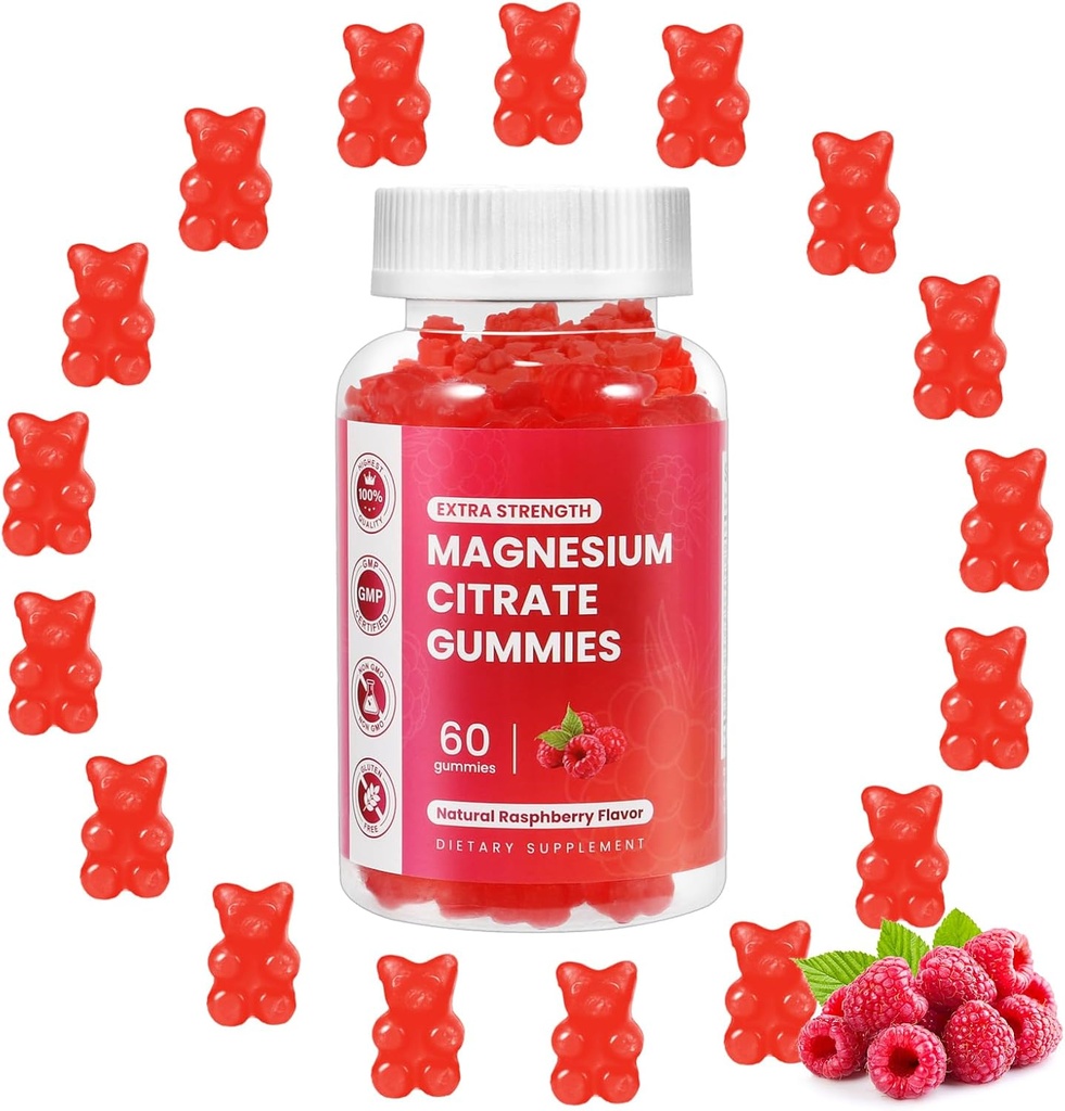Glucynian magnezu Gummies 400mg, L- Threonian magnezu 200mg Gummie, Chelatowany Magnezu i Kompleks potasu Suplement do Wspomagania Pamięci, nastrojów i snu, (60 Gummies magnezu, Malina Flavor)