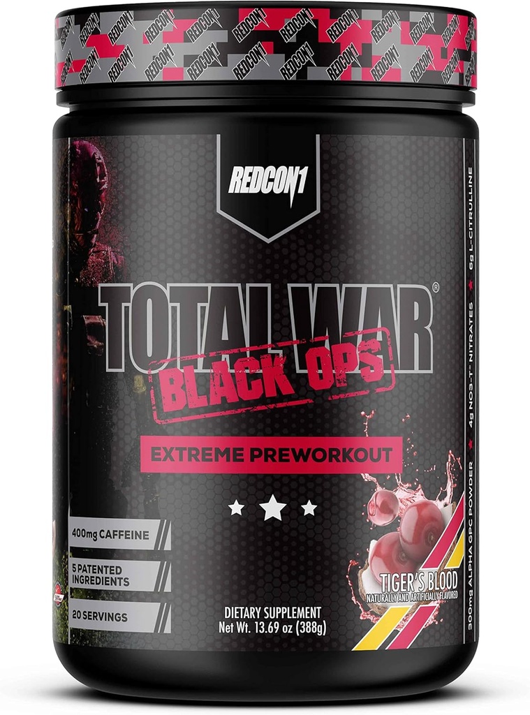 REDCON1 Całkowita wojna Black Ops Extreme Precuting Powder, Tygrysy Krew, Stymulant wysoki, 400 mg kofeiny, NO3- T Nitraty + L- Citrulina, Zwiększenie przepływu krwi, Pompy mięśniowe (20 Słupy)