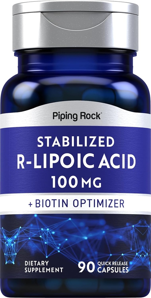 Piping Rock Stabilized R- Lipoic Acid 100mg XI124; 90 kapsułki XI124; z Biotin Optimizer XI124; Non-GMO, Gluten