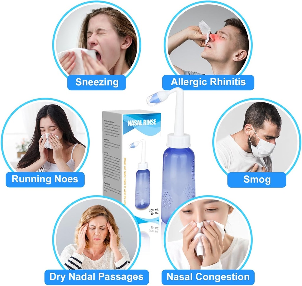 300 ML Nasal Rinse Neti Pot Sinus Rinse Butelka Delikatna Butelka do mycia nosa Wygodne dla dorosłych i Kid skuteczne Irrigatio ciśnienia z 20 Pakiety soli mycia nosa BPA za darmo